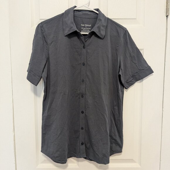 Fair Indigo Short Sleeve Button Up Shirt 100% Organic Cotton Large Slate Gray - Picture 1 of 7